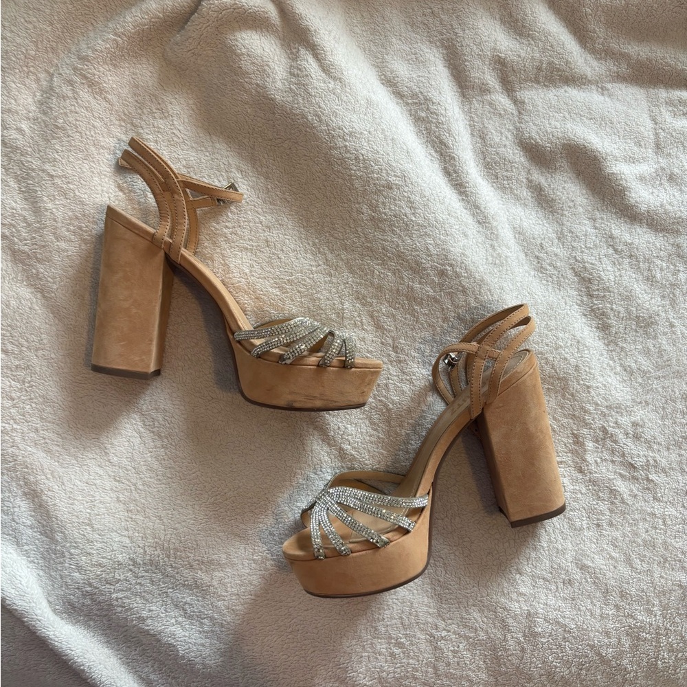 Elegant Tan and Silver Strappy Heels